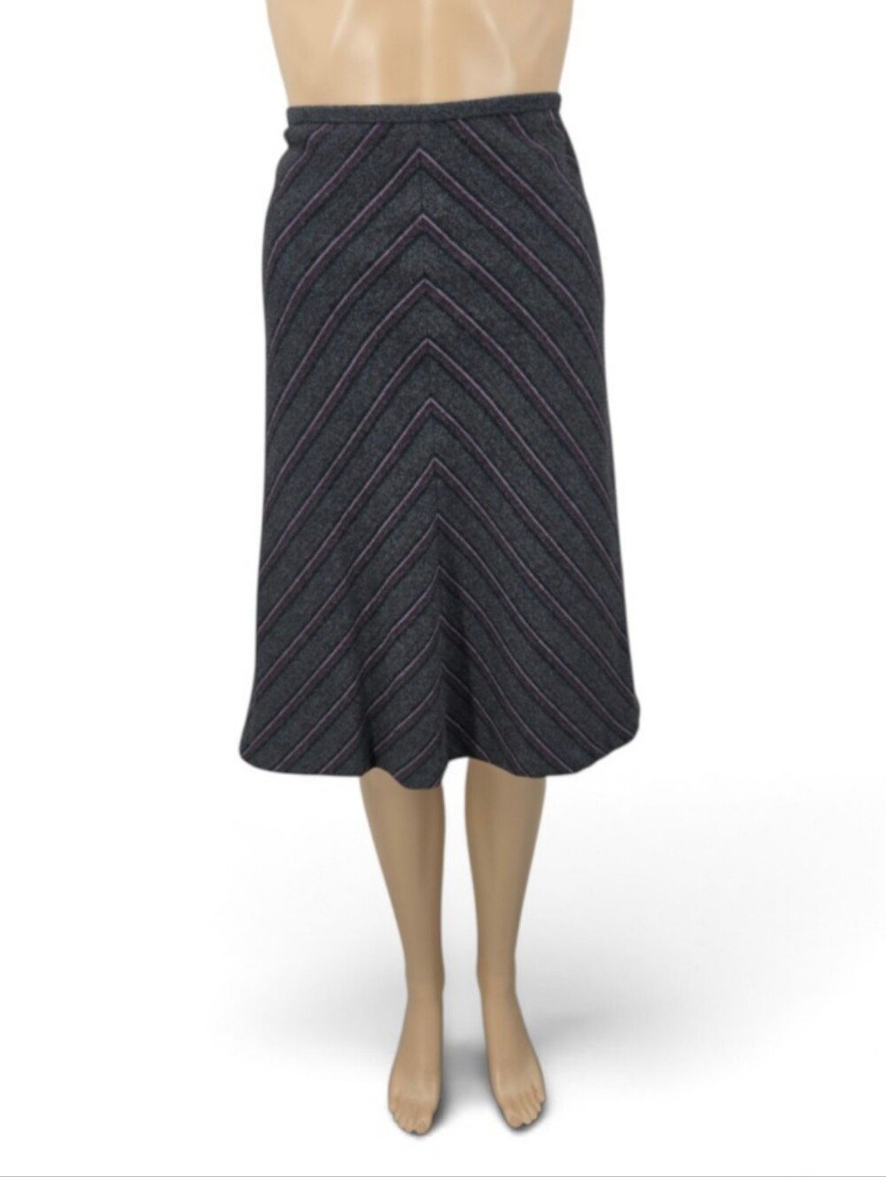 Ann Taylor Wool Blend Charcoal Gray Plum Purple Chevron Stripes Midi Skirt
